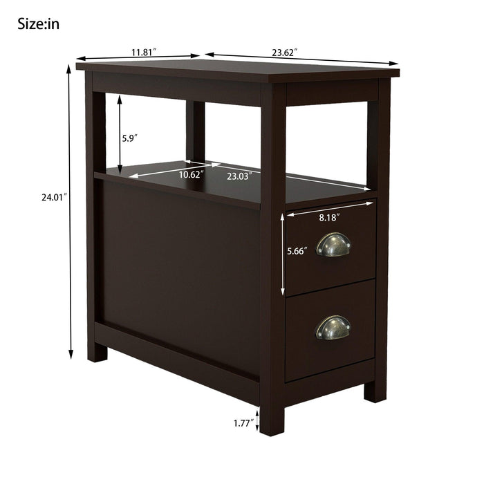 End Table Narrow Nightstand With Two Drawers And Open Shelf-Brown - DTYStore