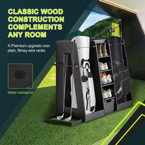 55.5''x16''x37''(LxWxH) Wooden Golf Bag Organizer and Storage Rack, High Quality Wooden 2 Golf Bag Rack with Drawers, Easy to Assemble Golf Club Holder/Stand with Club Holders on Side,Black - Image 7