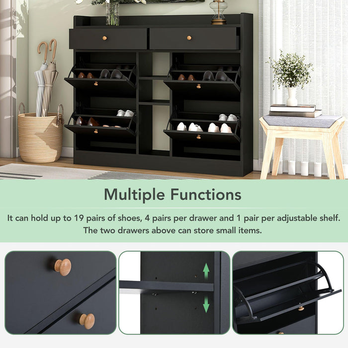 Modern Tipping Bucket Shoe Cabinet with 4 Flip Drawers, Multifunctional 2-Tier Shoe Storage Organizer with Drawers, Free Standing Shoe Rack for Entrance Hallway, Black. - DTYStore