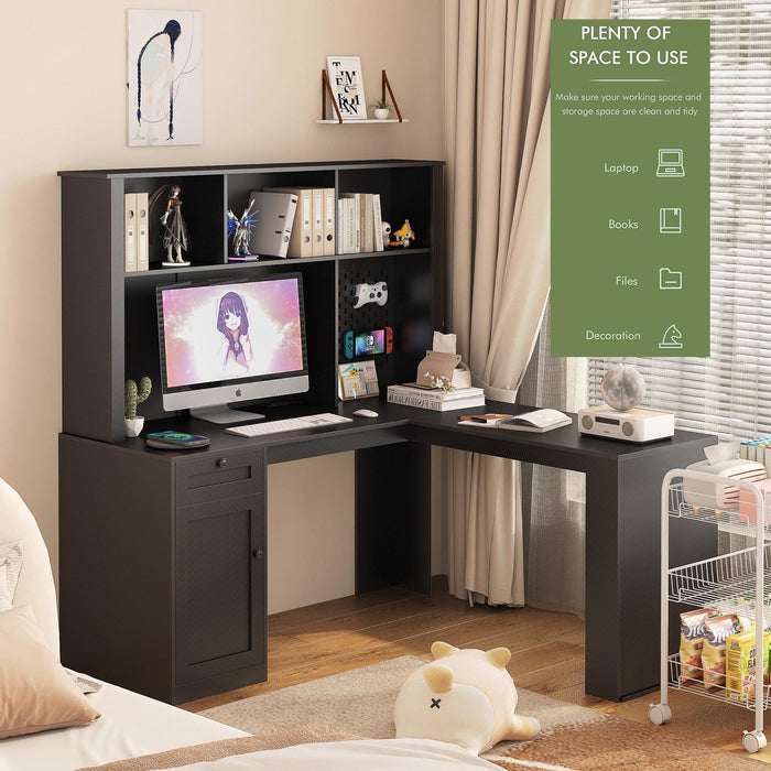 L Shaped Desk with Charger,Computer Desk with Drawers,Bookshelf & Hutch,Modern Corner Desk,Home Office Desk,L-Shaped Study Table Writing Desk,Corner Gaming Computer Desk with Storage - DTYStore