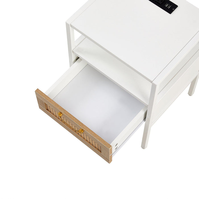 15.75" Rattan End Table with Power Outlet & USB Ports, Modern Nightstand with Drawer and Metal Legs - DTYStore