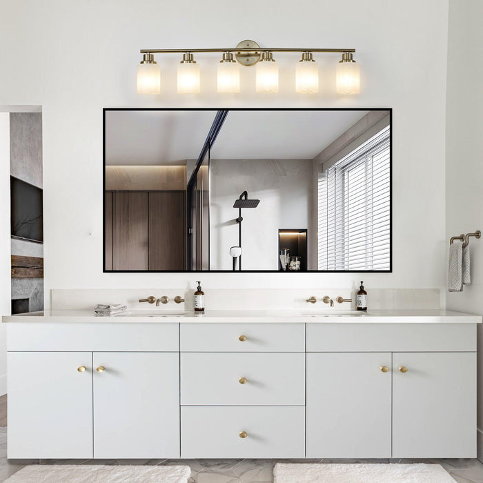6-Light Golden Bathroom Vanity Light Fixture, Frosted Glass Shades, Modern Wall Mounted Lighting (No Bulbs) - DTYStore
