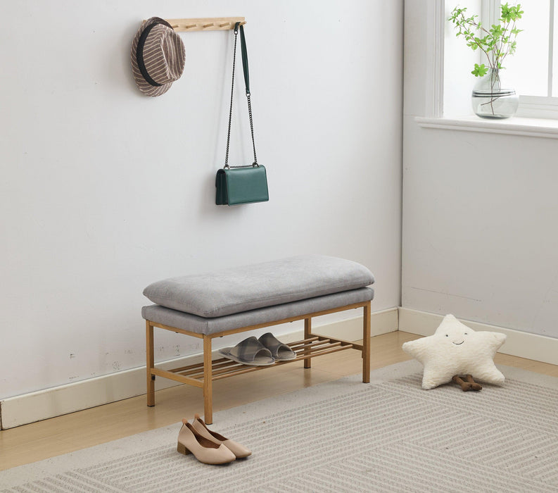End of Bed Bench with Shelf, Linen Upholstered Storage Shoe Bench, Modern Bedroom Bench with Metal Legs for Living Room, Entryway, Dining Room, 300 LB, Linen Color(Gray) - DTYStore