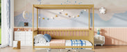 Full Size Canopy Bed Frame with Guardrails for Kids,Floor Bed Full with Four Poster Design,Kids Montessori Floor Bed,Wood Canopy Bed Frame for Girls,Boys(Full,Natural) - DTYStore