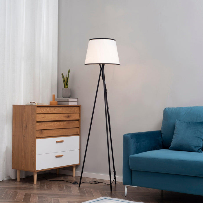 HOMCOM Modern Tripod Floor Lamp Free Standing Land Lamp w/ Steel Frame, Footswitch, Fabric Lampshade and E26 Base for Living Room, Bedroom, Office, Black
