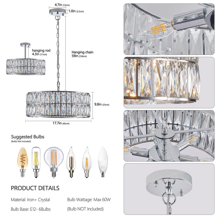 Modern Crystal Drum Chandelier, 6-Light Pendant Lighting Fixture with Silver Metal Frame for Living Room, Dining Room, and Bedroom (Bulbs Not Included) - DTYStore