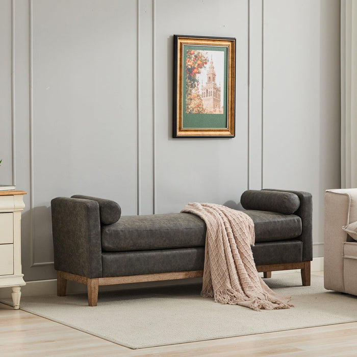66.34"W Elegant Upholstered Bench, Daybed,Ottoman with Wood Legs & 2 Bolster Pillows for End of Bed, Bedroom, Living Room, Entryway,Gray Polyurethane(PU) - DTYStore