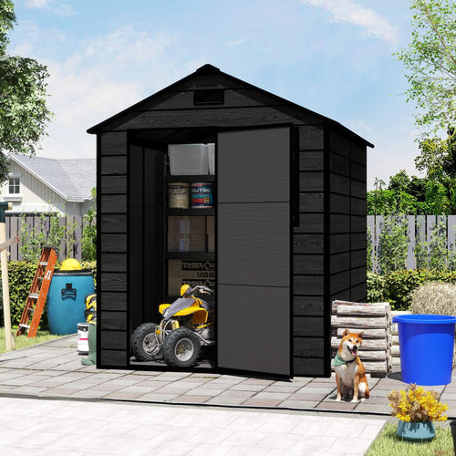 Campcraft 6*6ft resin storage shed, high quality pp material, strong structure, waterproof, rust and UV proof, large storage space, 12mm thick pp board, HD window lighting Black wood grain color - Image 8