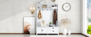 Modern Style Hall Tree with Storage Cabinet and 2 Large Drawers, Widen Mudroom Bench with 5 Coat Hooks, White - DTYStore