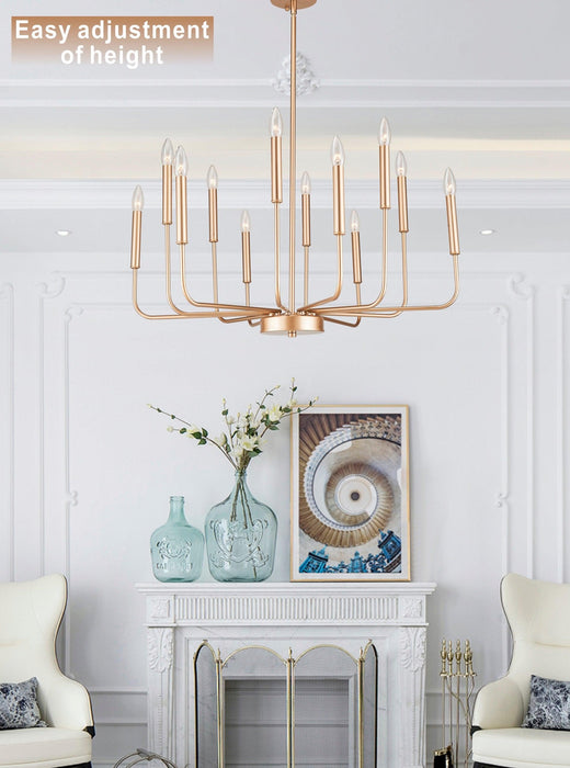 12-Light Modern Gold Farmhouse Iron Chandelier, Adjustable Height E12 Bulb, Classic Candle Hanging Pendant Light For Living Room Dining Room - DTYStore