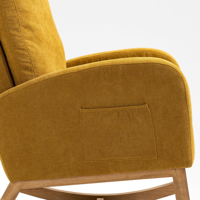 Rocking Chair, Modern Glider Chair, Recliner Armchair with Wood Legs and Side Pocket, Nursery Rocking Accent Chair with High Back for Living Room Bedroom (Mustard Yellow linen) - DTYStore