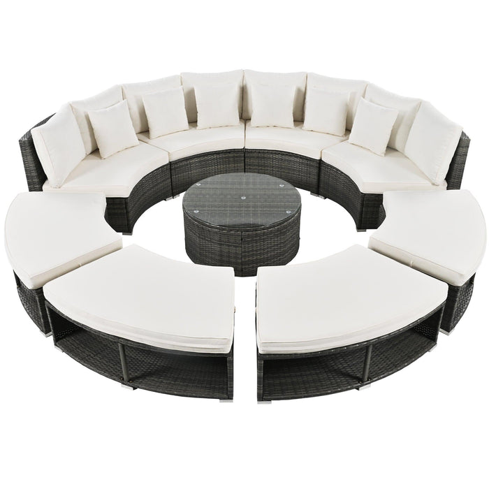 Outdoor Patio Furniture Luxury Circular Outdoor Sofa Set Rattan Wicker Sectional Sofa Lounge Set with Tempered Glass Coffee Table, 6 Pillows,Beige