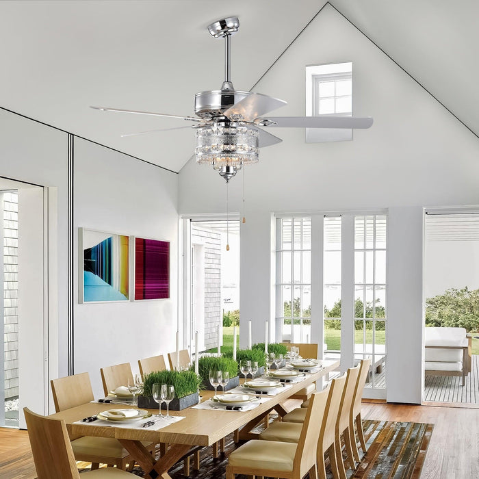 52'' Classical Crystal Ceiling Fan Lamp 5 Reversible Blades for Living Room, Dining Room, Bedroom, Family Room, Chrome (Hand Pull Chain) - DTYStore