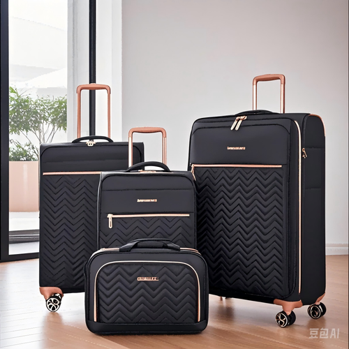 Lightweight Durable Black 4-Piece Softshell Suitcase Spinner Wheels Terylene Luggage Set - Image 2