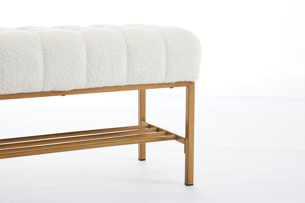 End of Bed Bench with Shelf, Teddy fabric Upholstered Storage Shoe Bench, Modern Bedroom Bench with Metal Legs for Living Room, Entryway, Dining Room, 300 LB, Linen Color(White)