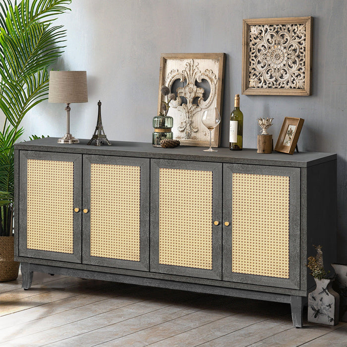 Handcrafted Premium Grain Panels,Rattan Sideboard Buffer Cabinet With 4 Rattan Doors, Modern Storage Cupboard Console Table with Adjustable Shelves for Living Room(Antique Dark Gray)