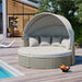 Patio Furniture Round Outdoor Sectional Sofa Set Rattan Daybed Two-Tone Weave Sunbed with Retractable Canopy, Separate Seating and Removable Cushion, Gray - DTYStore