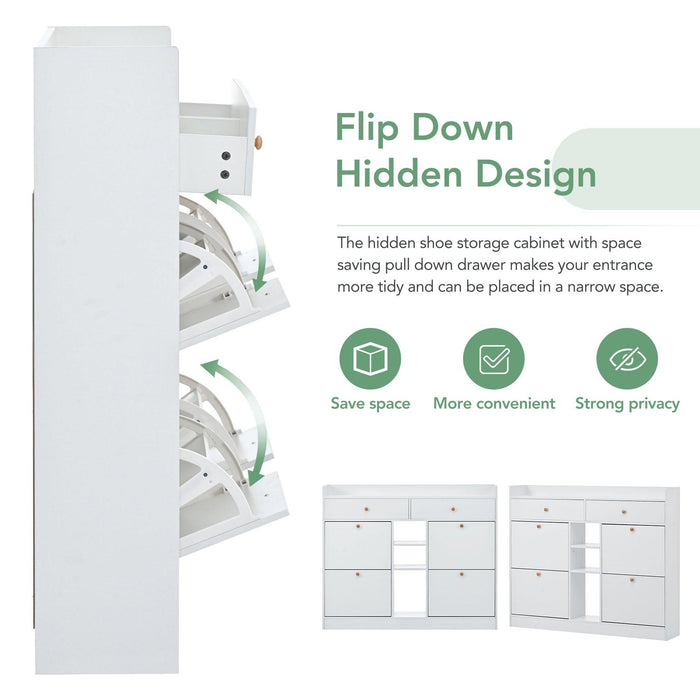 Modern Tipping Bucket Shoe Cabinet with 4 Flip Drawers, Multifunctional 2-Tier Shoe Storage Organizer with Drawers, Free Standing Shoe Rack for Entrance Hallway, White. - DTYStore