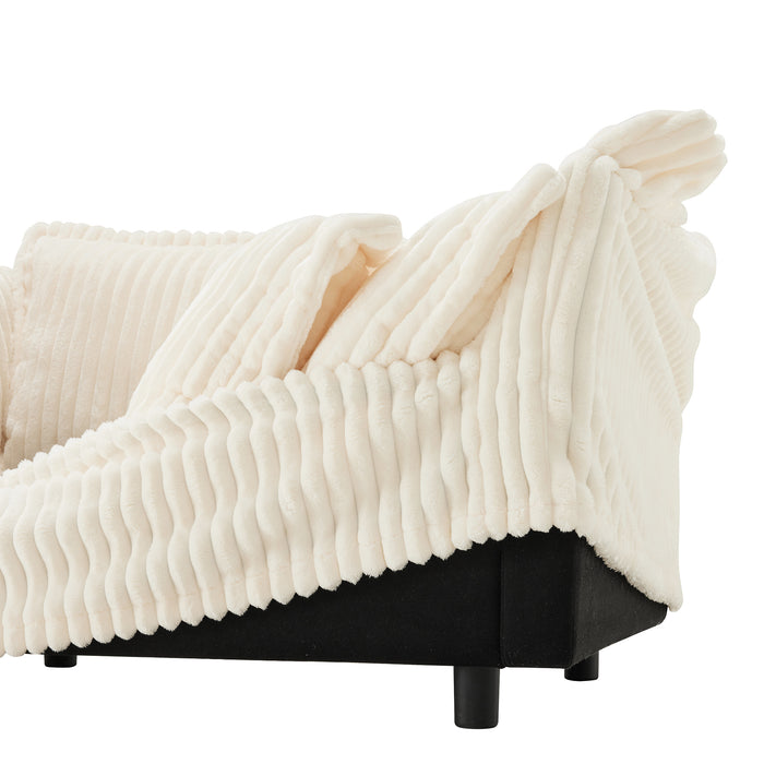 Slipcovered Sectional 2 Seater Sofa Couch with Convertible Ottoman, Wide and Deep Seat L Shaped Sofa with Detachable Cover and Soft Multiple Big Pillows,Cream Corduroy Fabric