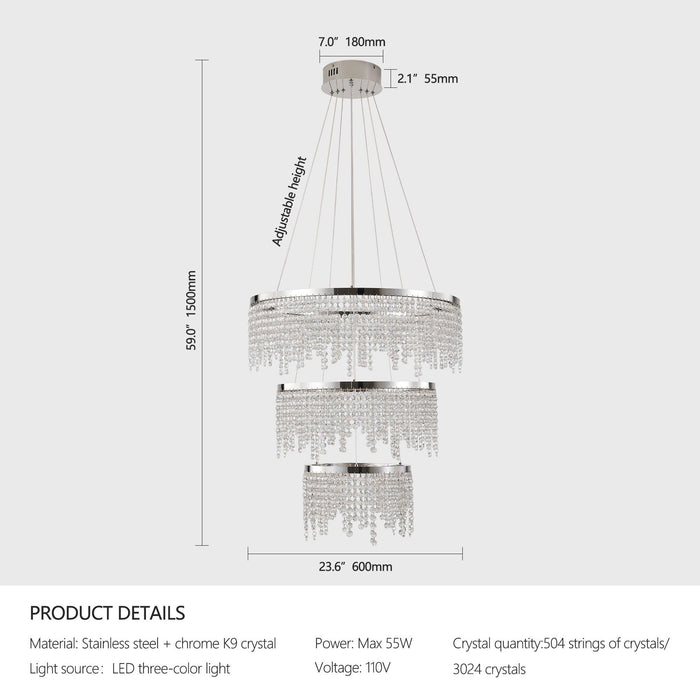 23.6-inch Fancy hanging ceiling lamps luxury modern pendant light crystal chandelier - DTYStore