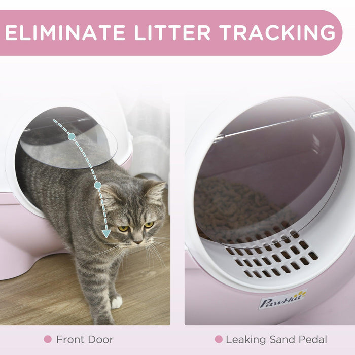 Hooded Cat Litter Box, Large Kitty Litter Pan with Lid, Scoop, Leaking Sand Pedal, Top Handle, Light Pink - DTYStore