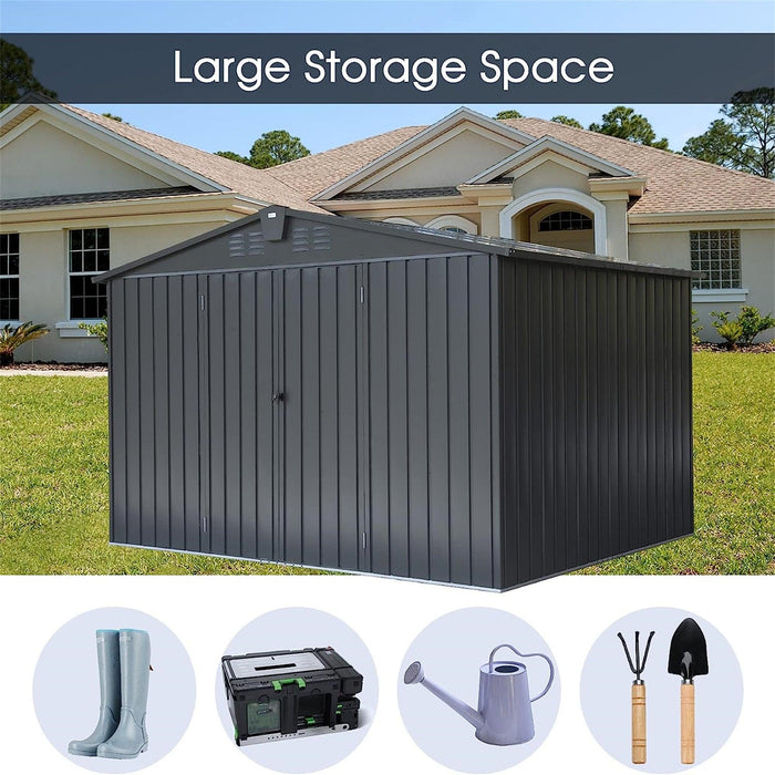 Outdoor Storage Shed 10'x 8', Metal Garden Shed for Bike, Trash Can, Tools, Galvanized Steel Outdoor Storage Cabinet with Lockable Door for Backyard, Patio, Lawn (10x8ft, Black) - DTYStore