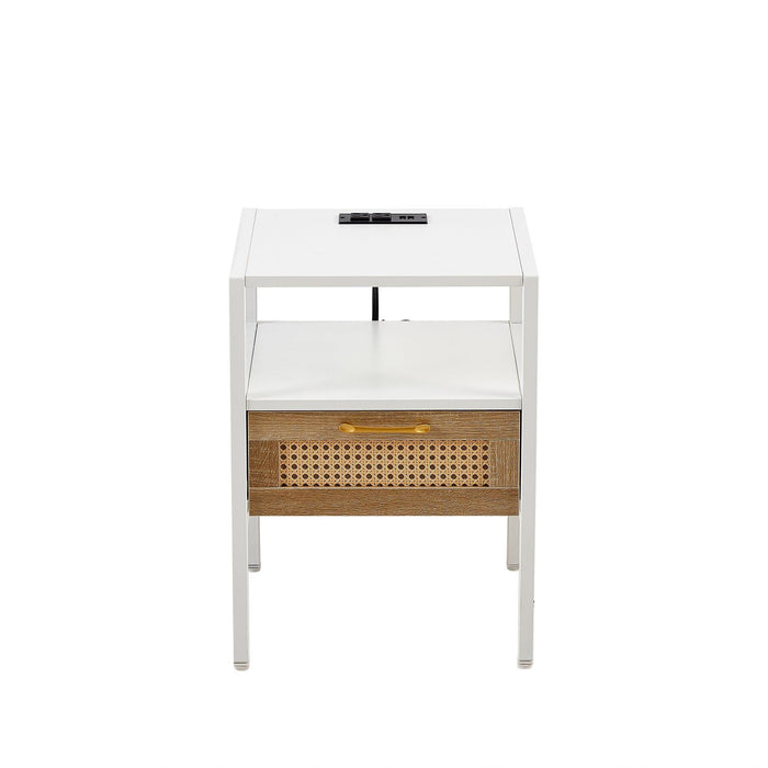15.75" Rattan End Table with Power Outlet & USB Ports, Modern Nightstand with Drawer and Metal Legs - DTYStore