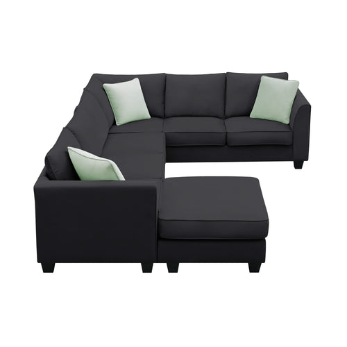 Modern Black L Shape Fabric Sectional Sofa with Ottoman and Pillows, 112*87 Inches, 7 Seats - Image 17