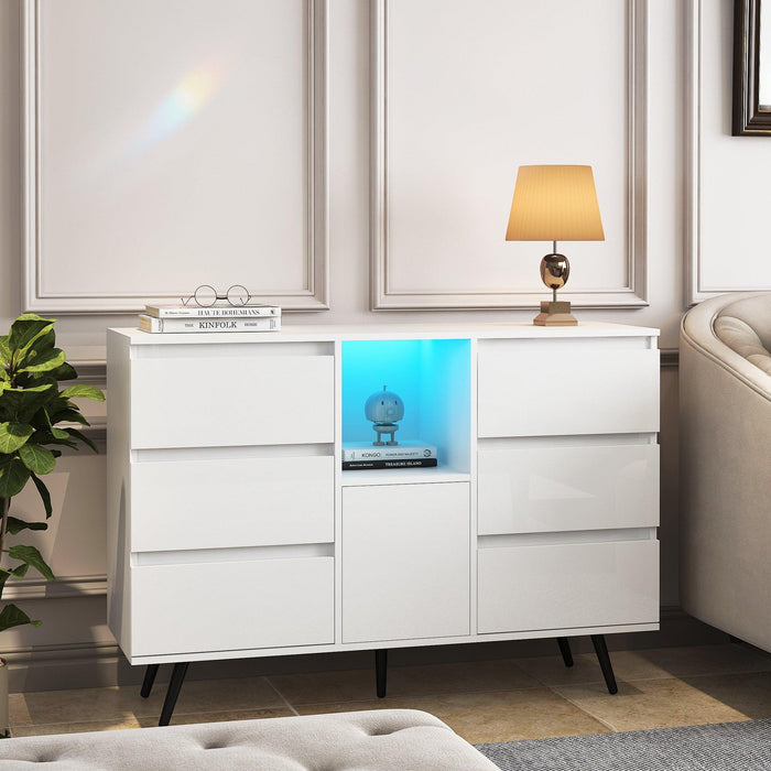 Living Room Sideboard Storage Cabinet White High Gloss with LED Light, Modern Kitchen Unit Cupboard Buffet Wooden Storage Display Cabinet - DTYStore