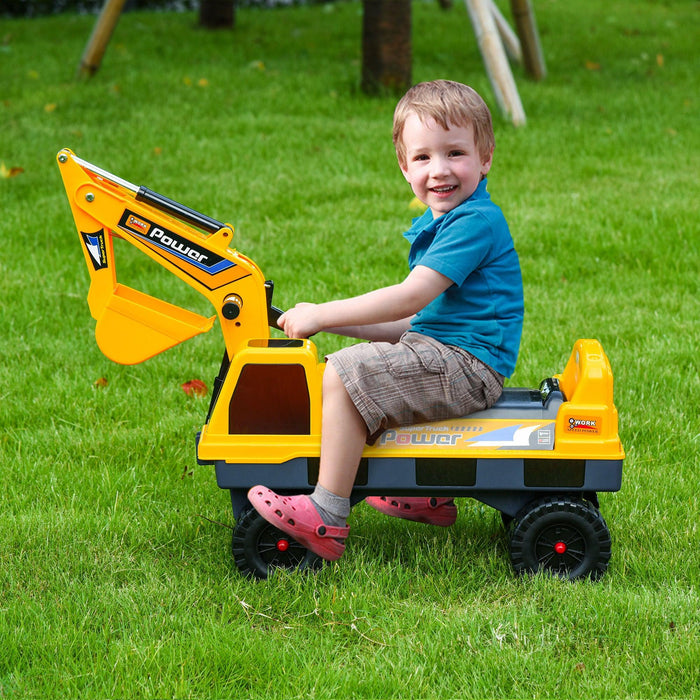 No Power 2 in 1 Ride On Excavator with Helmet and Claw, Construction Truck Set, Multi-Functional Digger with Storage, Light and Music, Yellow - DTYStore