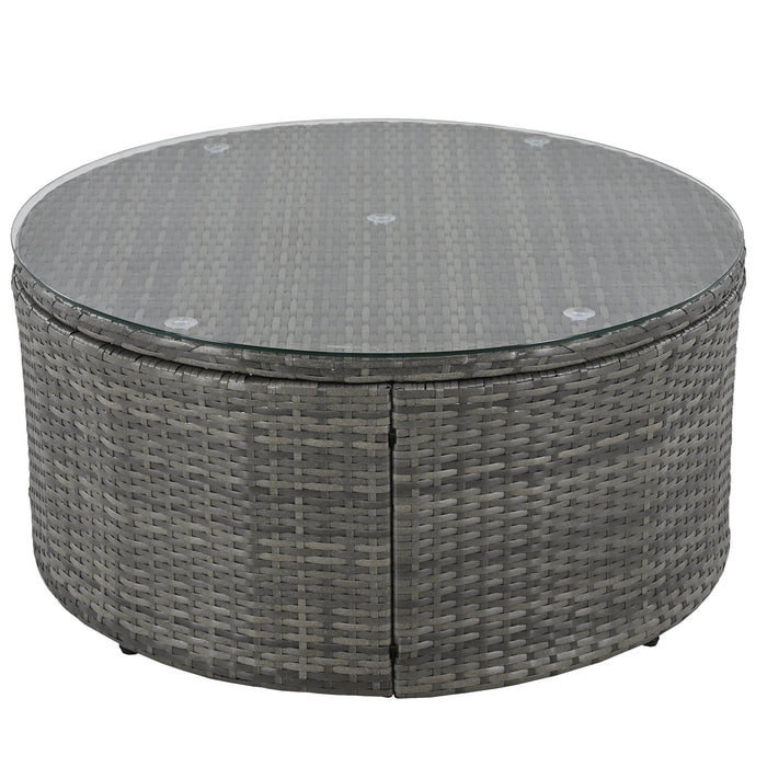 Outdoor Patio Furniture Luxury Circular Outdoor Sofa Set Rattan Wicker Sectional Sofa Lounge Set with Tempered Glass Coffee Table, 6 Pillows,Beige