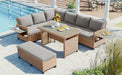 TOMAX 5-Piece Outdoor Patio Rattan Sofa Set, Sectional PE Wicker L-Shaped Garden Furniture Set with 2 Extendable Side Tables, Dining Table and Washable Covers for Backyard, Poolside, Indoor, Brown - DTYStore