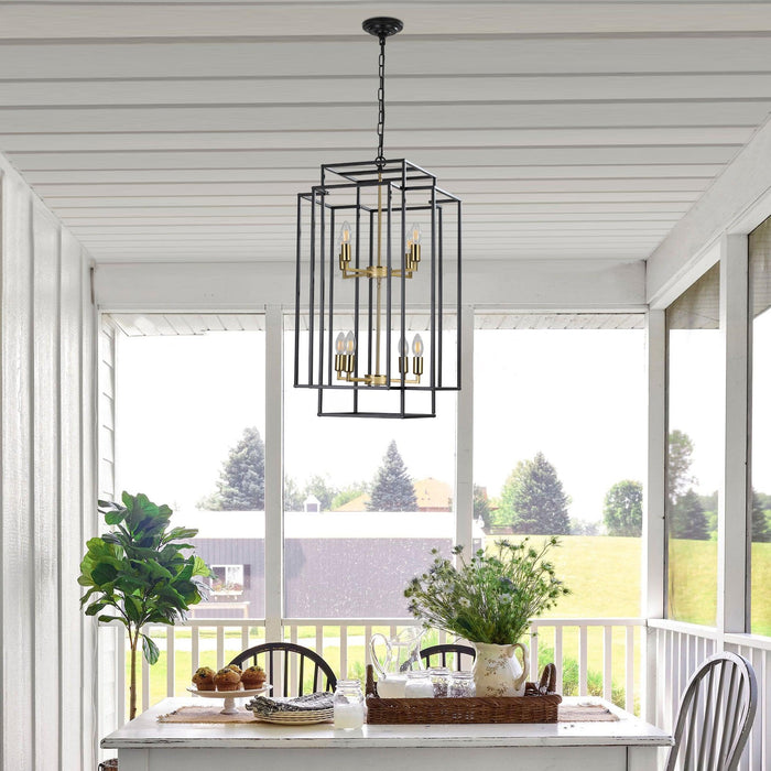8-Lights Black & Gold Lantern Tiered Pendant Light Fixtures, Industrial Farmhouse Hanging Chandelier (No Bulbs)