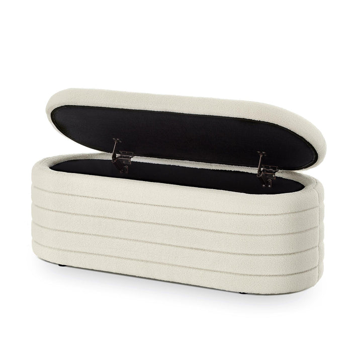 Modern Oval Storage Ottoman Bench, Upholstered Boucle Teddy Fabric End of Bed Bench with Storage, End of Bed Stool with Safety Hinge for Bedroom, Living Room, Entryway, Cream - DTYStore