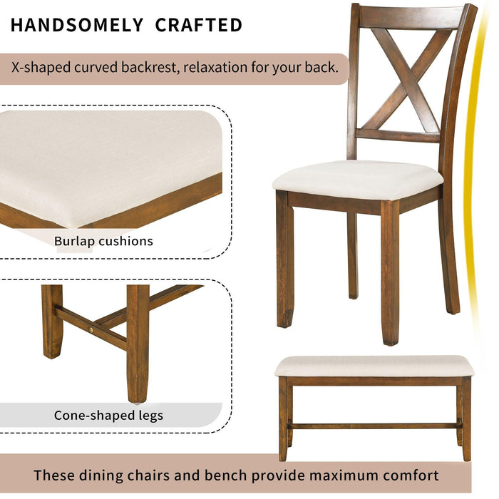 6-Piece Kitchen Dining Table Set Wooden Rectangular Table, 4 Chairs and Bench Family Furniture - DTYStore