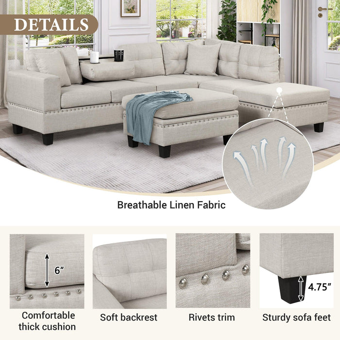 105" Modern Sectional Sofa with Storage Ottoman, L-Shape Couch with 2 Pillows and Cup Holder,Sectional Sofa with Reversible Chaise for Living Room,Light Gray - DTYStore