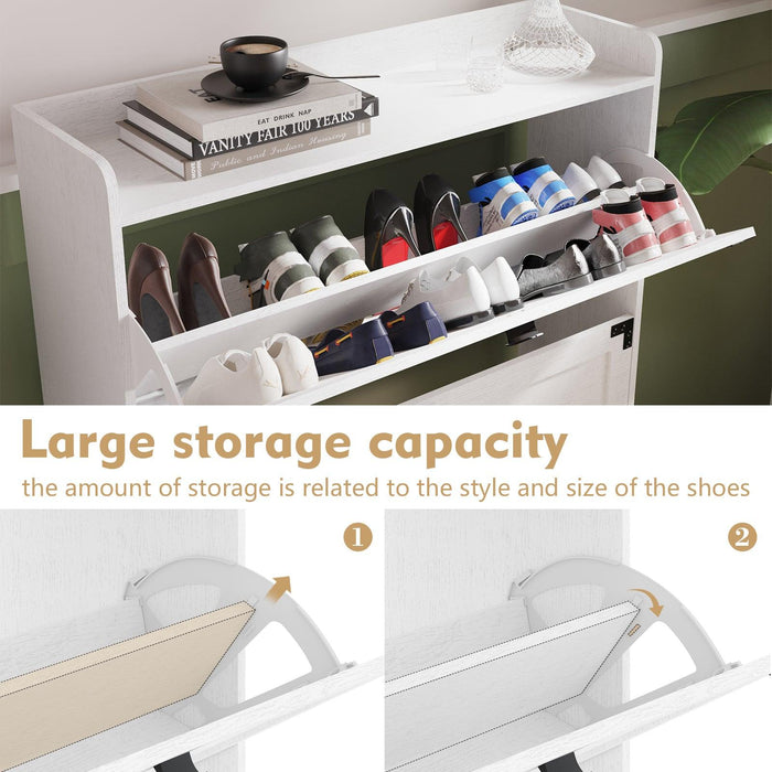 Shoe Cabinet with 2 Flip Drawers,Shoe Storage Cabinet for Entryway,Freestanding Shoe Cabinet Organizer with Open Storage,Narrow Farmhouse Shoe Rack with Metal Corner Decoration Legs,White - DTYStore