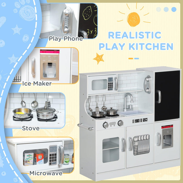 Play Kitchen, Kids Kitchen Playset Pretend Play Toy Kitchen with Play Phone, Chalkboard, Towel Rack, Ice Maker, 5 Accessories, Storage Space, Microwave & Sink, Gift for 3-8 Years, White - DTYStore