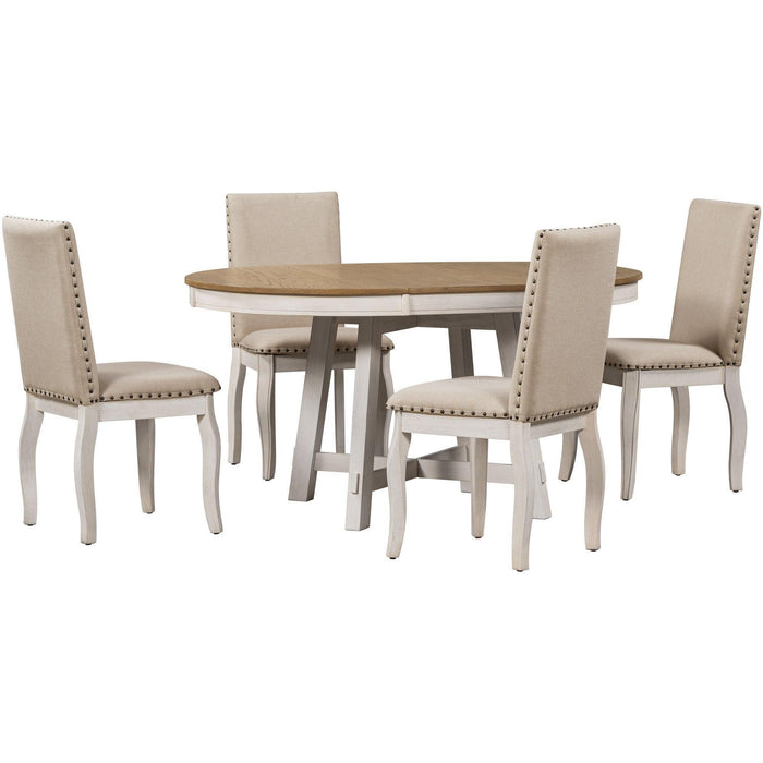 5-Piece Farmhouse Dining Table Set Wood Round Extendable Table and 4 Upholstered Chairs