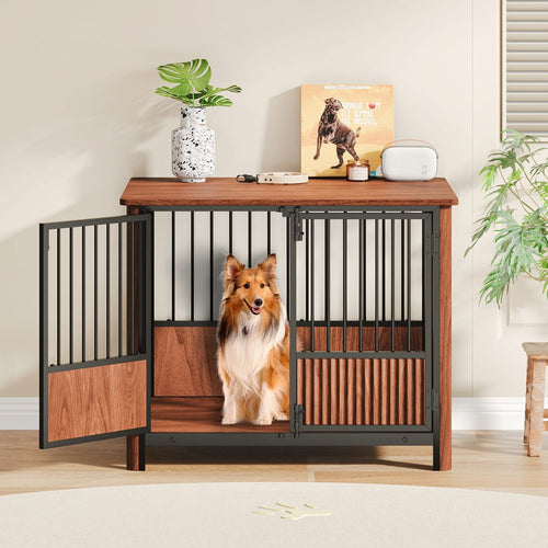 31.5'' Walnut Fluted Wood Furniture Style Dog Crate for small & Medium Dogs - Double Door Design, Decorative Pet House & Indoor Side End Table. - Image 2