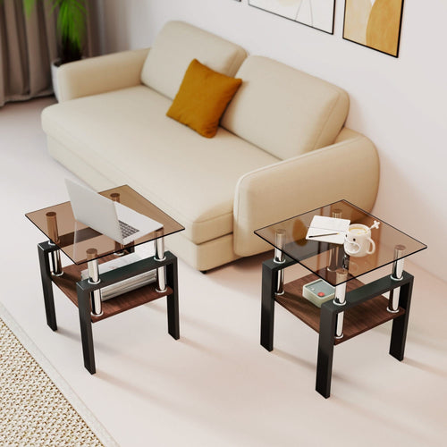 Set of 2 Modern Tempered Glass Tea Table ,Tempered Glass Tabletop with MDF Layer,Coffee Table,End Table, Square Table for Living Room, Brown/black - Image 2