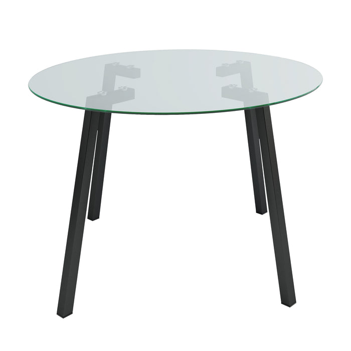 Modern simple table with a glass round table and four chairs. Transparent tempered glass countertop, black metal legs, suitable for kitchen living room dining room (set of 5)