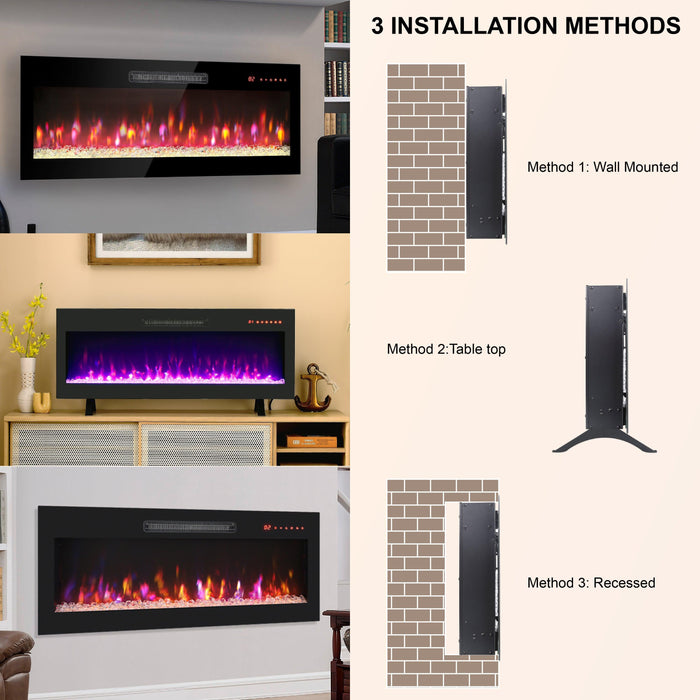 36 inch recessed ultra thin tempered glass front wall mounted electric fireplace with remote and multi color flame & emberbed, LED light heater - DTYStore