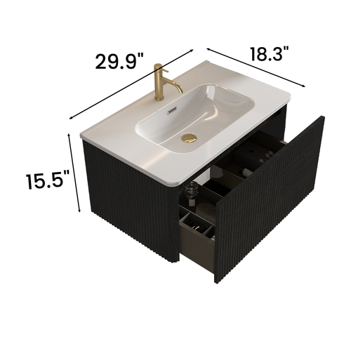 U057-Etna30W-308 Etna 30' Striped Brushed Black Oak Floating Bathroom Vanity with White Ceramic Sink, Bathroom Vanity for Modern Bathroom, One-Piece White Basin without Drain, Pre-assembled - Image 13