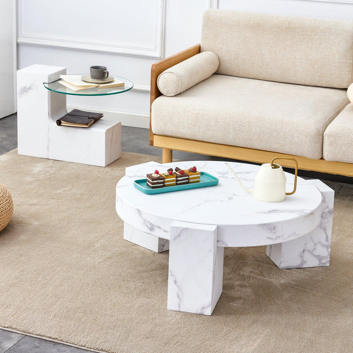 A modern, fashionable, and durable marble textured MDF coffee table with a side table. Match with multiple scenes. Suitable for living room and bedroom. - DTYStore