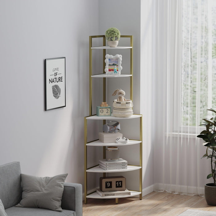 6-Tier Corner Open Shelf Modern Bookcase Wood Rack Freestanding Shelving Unit,Plant Album Trinket Sturdy Stand Small Bookshelf Space-Saving for Living Room Home Office Kitchen Small Space - DTYStore