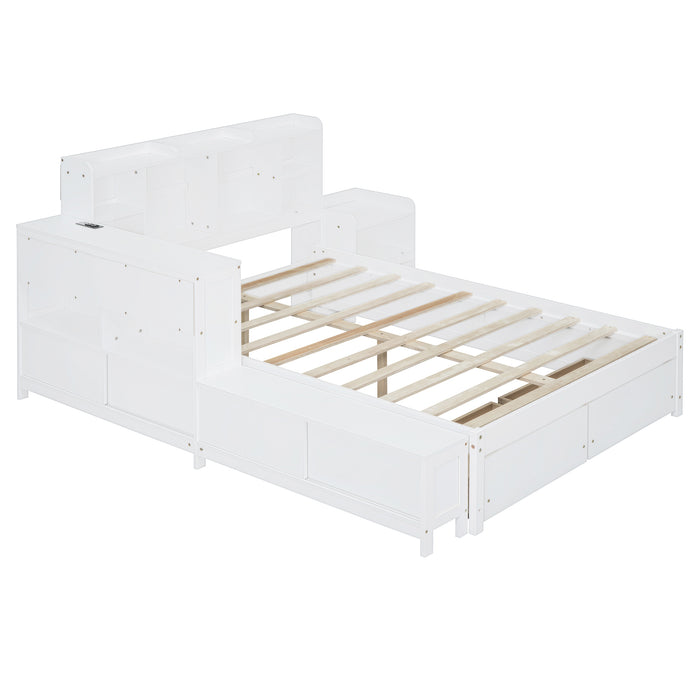 Full Size Wooden platform bed with Multi-functional Storage Space, Nightstand, 2 Drawers, USB Ports and Desk, White