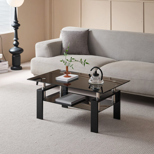 Modern Tempered Black Glass Coffee Table with 2-Layers and Waterfall Edges for Living Room - Image 2