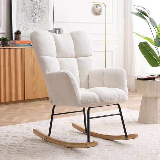 Rocking Chair Teddy Upholstered Glider Rocker Rocking Accent Chair Padded Seat with High Backrest Armchair Comfy Side Chair for Living Room Bedroom Offices BEIGE