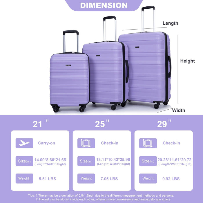 Expandable 3 Piece Luggage Sets PC Lightweight & Durable Suitcase with Two Hooks, Spinner Wheels, TSA Lock, (21/25/29) Purple - DTYStore